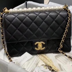 2022 New Top White Pearl Decoration CC Logo Turn Lock - Women's Fake Chanel Chain Strap Black Flap Bag