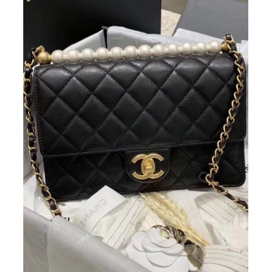 2022 New Top White Pearl Decoration CC Logo Turn Lock - Women's Fake Chanel Chain Strap Black Flap Bag