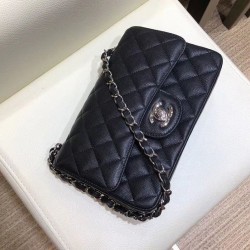 Imitation Chanel Silver Chain Shoulder Strap Diamond Quilted Pattern CC Turn Lock Ladies Classic Black Caviar Leather Small Bag