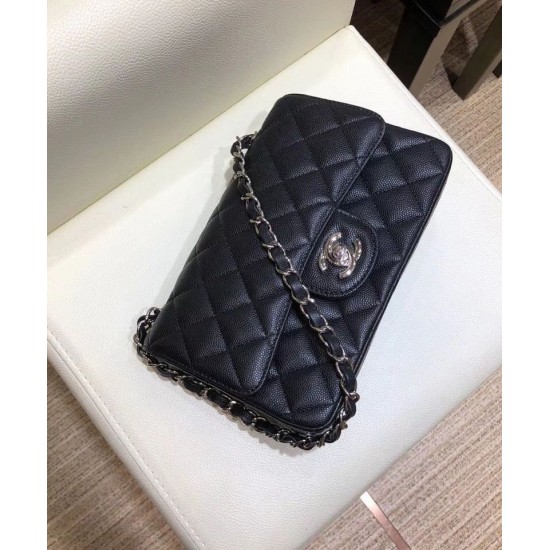 Imitation Chanel Silver Chain Shoulder Strap Diamond Quilted Pattern CC Turn Lock Ladies Classic Black Caviar Leather Small Bag