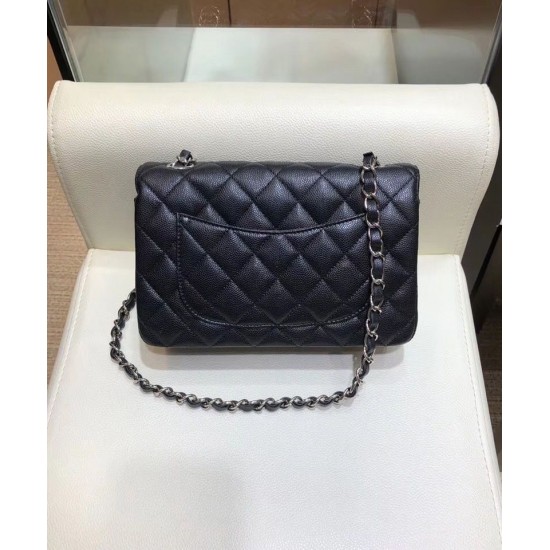 Imitation Chanel Silver Chain Shoulder Strap Diamond Quilted Pattern CC Turn Lock Ladies Classic Black Caviar Leather Small Bag