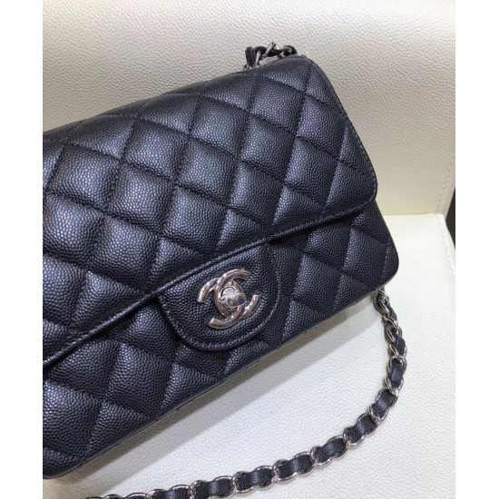 Imitation Chanel Silver Chain Shoulder Strap Diamond Quilted Pattern CC Turn Lock Ladies Classic Black Caviar Leather Small Bag