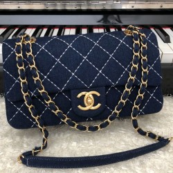 Faux Chanel White Quilted Blue Canvas Yellow Gold CC Turn Lock Chain Shoulder Strap Female Flap Bag 26CM