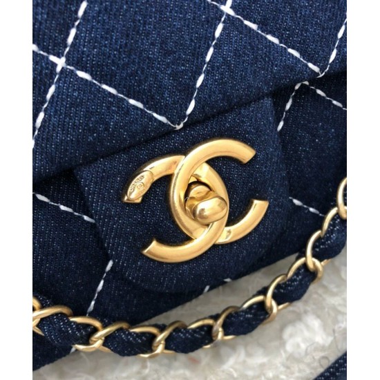 Faux Chanel White Quilted Blue Canvas Yellow Gold CC Turn Lock Chain Shoulder Strap Female Flap Bag 26CM