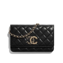 Imitation Chanel Fashion Asymmetric CC Logo Oversized Flap Design Black Quilted Leather Long Wallet Women's Chain Crossbody Bag