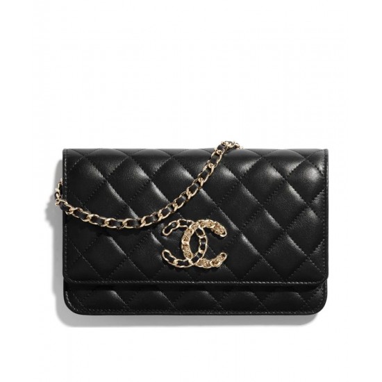 Imitation Chanel Fashion Asymmetric CC Logo Oversized Flap Design Black Quilted Leather Long Wallet Women's Chain Crossbody Bag