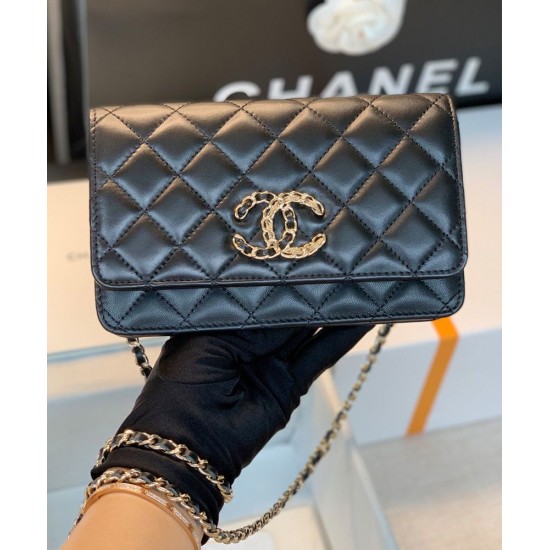 Imitation Chanel Fashion Asymmetric CC Logo Oversized Flap Design Black Quilted Leather Long Wallet Women's Chain Crossbody Bag