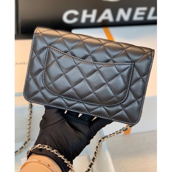 Imitation Chanel Fashion Asymmetric CC Logo Oversized Flap Design Black Quilted Leather Long Wallet Women's Chain Crossbody Bag