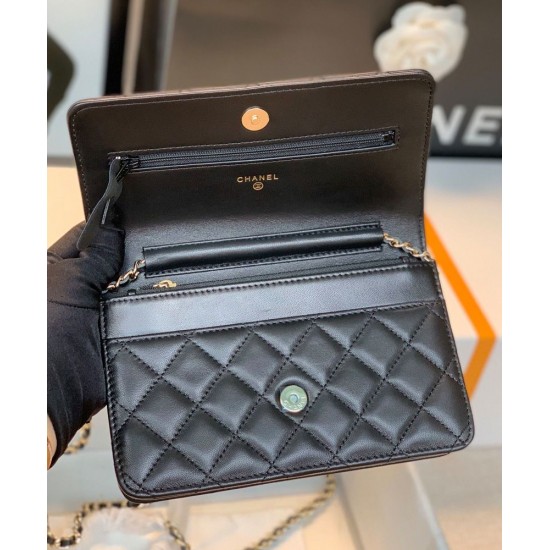 Imitation Chanel Fashion Asymmetric CC Logo Oversized Flap Design Black Quilted Leather Long Wallet Women's Chain Crossbody Bag