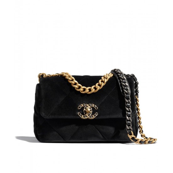 Precious Black Velvet Diamond-type Lattice Brass CC Lock & Chain Strap - Replica Chanel 19 Women's Flap Crossbody Bag 26CM