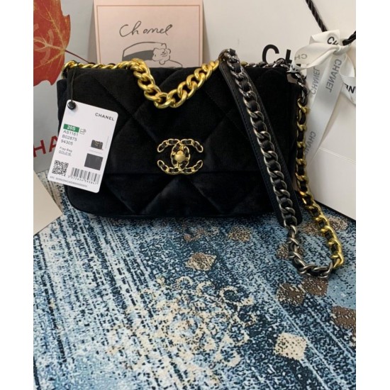 Precious Black Velvet Diamond-type Lattice Brass CC Lock & Chain Strap - Replica Chanel 19 Women's Flap Crossbody Bag 26CM