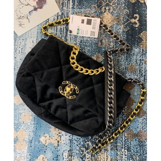 Precious Black Velvet Diamond-type Lattice Brass CC Lock & Chain Strap - Replica Chanel 19 Women's Flap Crossbody Bag 26CM