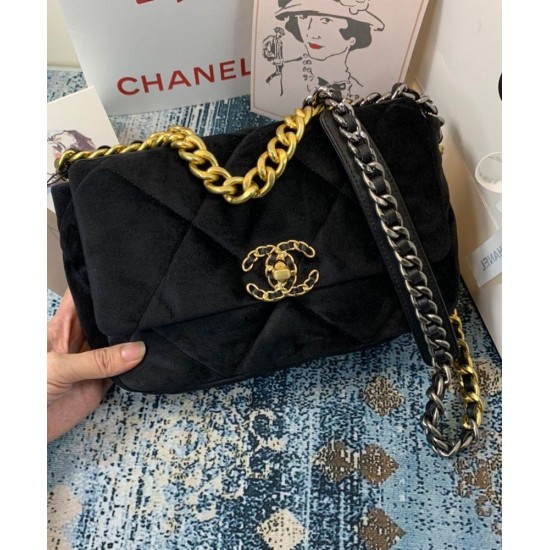 Precious Black Velvet Diamond-type Lattice Brass CC Lock & Chain Strap - Replica Chanel 19 Women's Flap Crossbody Bag 26CM