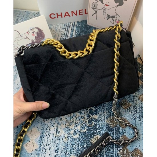 Precious Black Velvet Diamond-type Lattice Brass CC Lock & Chain Strap - Replica Chanel 19 Women's Flap Crossbody Bag 26CM