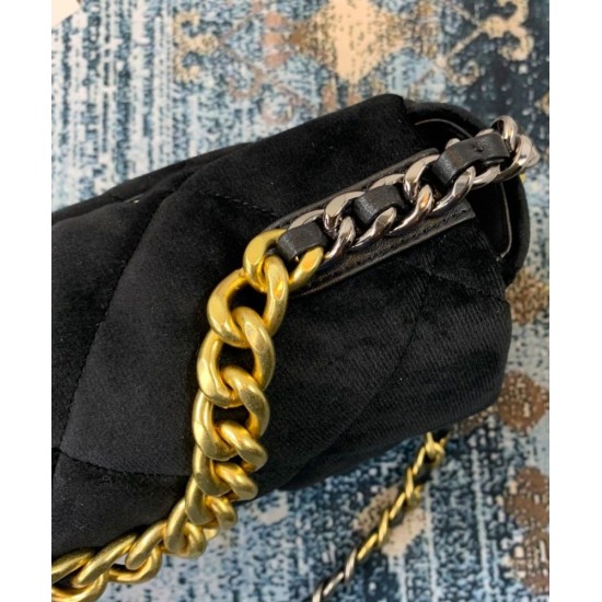 Precious Black Velvet Diamond-type Lattice Brass CC Lock & Chain Strap - Replica Chanel 19 Women's Flap Crossbody Bag 26CM