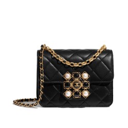 Faux Chanel Beautiful White Pearl Black Onyx Square Brass Buckle Women's Chain Strap Black Quilted Leather Flap Bag 17CM