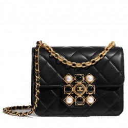 Faux Chanel Beautiful White Pearl Black Onyx Square Brass Buckle Women's Chain Strap Black Quilted Leather Flap Bag 17CM