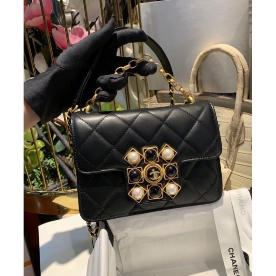 Faux Chanel Beautiful White Pearl Black Onyx Square Brass Buckle Women's Chain Strap Black Quilted Leather Flap Bag 17CM