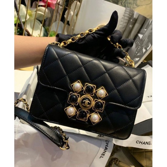 Faux Chanel Beautiful White Pearl Black Onyx Square Brass Buckle Women's Chain Strap Black Quilted Leather Flap Bag 17CM