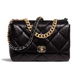 Top Sale Brass Chain Handle CC Logo Turn Lock Two-tone Chain Strap - Imitation Chanel Female Black Quilted Leather Maxi Flap Bag