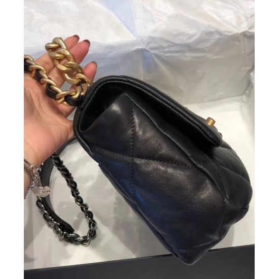 Fashion Black Goatskin Leather Two-tone Chain Detail Brass CC Turn Lock - Faux Chanel 19 Women's Quilted Leather Flap Bag AS1160 B04852 94305