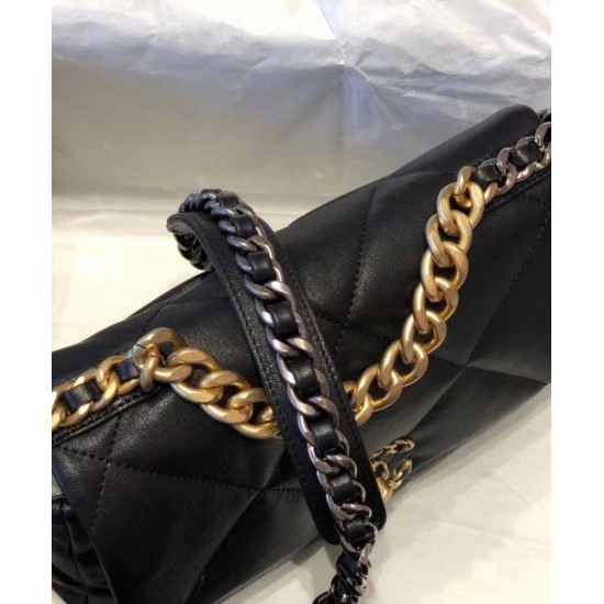 Fashion Black Goatskin Leather Two-tone Chain Detail Brass CC Turn Lock - Faux Chanel 19 Women's Quilted Leather Flap Bag AS1160 B04852 94305