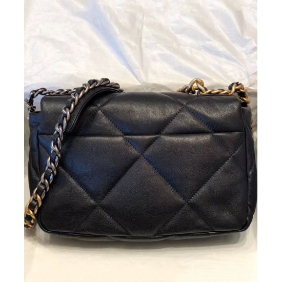 Fashion Black Goatskin Leather Two-tone Chain Detail Brass CC Turn Lock - Faux Chanel 19 Women's Quilted Leather Flap Bag AS1160 B04852 94305