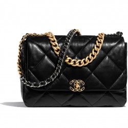 Hot Selling CC Motif Turn Lock Closure Brass Chain Top Handle Rhombus Quilted Pattern - Fake Chanel 19 Black Goatskin Leather Flap Bag 30CM