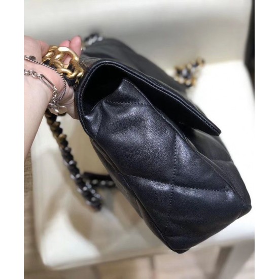 Hot Selling CC Motif Turn Lock Closure Brass Chain Top Handle Rhombus Quilted Pattern - Fake Chanel 19 Black Goatskin Leather Flap Bag 30CM