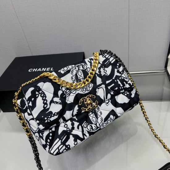 Chanel 19 HandBag Printed Canvas Black And White For Women 11.8in/30cm