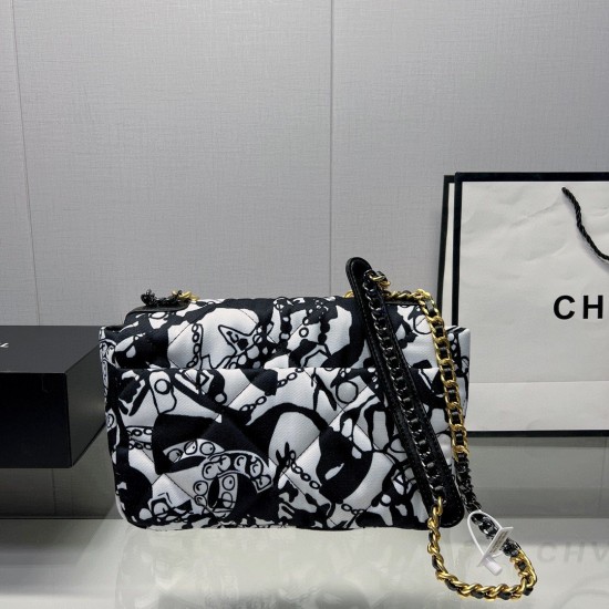 Chanel 19 HandBag Printed Canvas Black And White For Women 11.8in/30cm