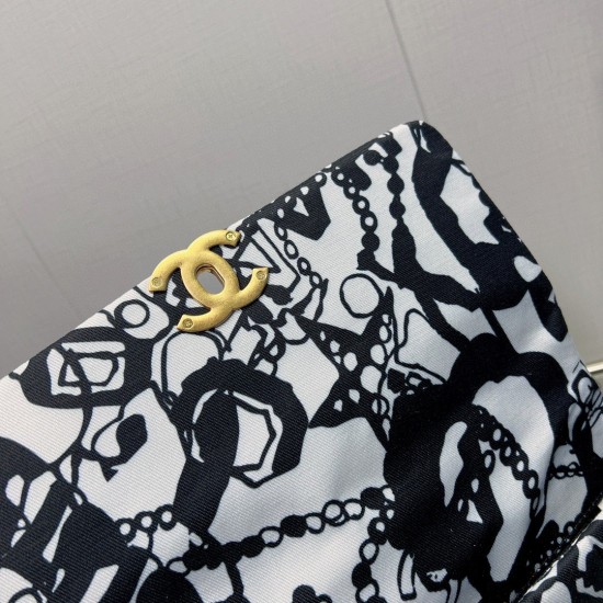 Chanel 19 HandBag Printed Canvas Black And White For Women 11.8in/30cm