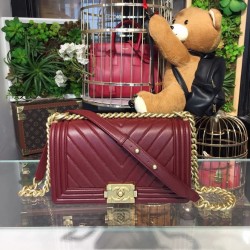 Chanel Boy Handbag Gold Toned Hardware Burgundy For Women, Women’s Bags, Shoulder And Crossbody Bags 9.8in/25cm A67086