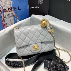 Chanel Classic Flap With Charm Chain With CC Details On Strap Bag 17cm/7inch Gold Hardware Grey