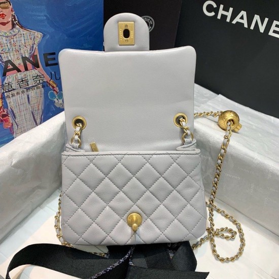 Chanel Classic Flap With Charm Chain With CC Details On Strap Bag 17cm/7inch Gold Hardware Grey