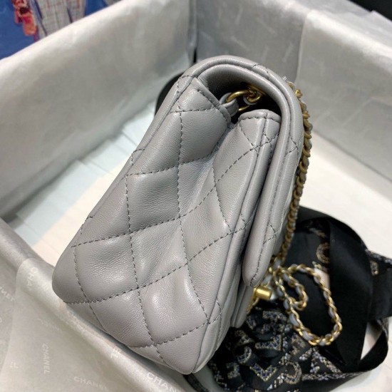 Chanel Classic Flap With Charm Chain With CC Details On Strap Bag 17cm/7inch Gold Hardware Grey