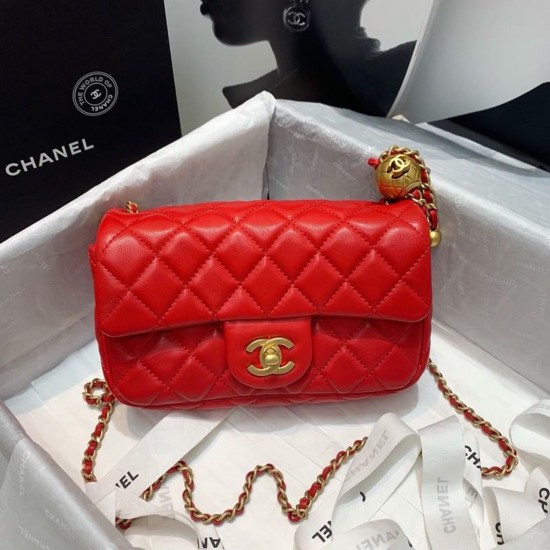 Chanel Flap Bag With CC Ball On Strap Red For Women, Women’s Handbags, Shoulder And Crossbody Bags 7.8in/20cm AS1787