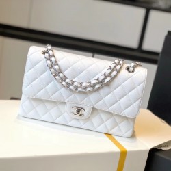 Chanel Classic Medium Flapbag Silver Hardware White 10in/25.5cm