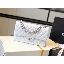 Chanel Classic Medium Flapbag Silver Hardware White 10in/25.5cm