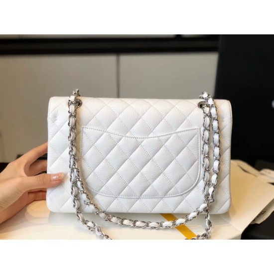 Chanel Classic Medium Flapbag Silver Hardware White 10in/25.5cm