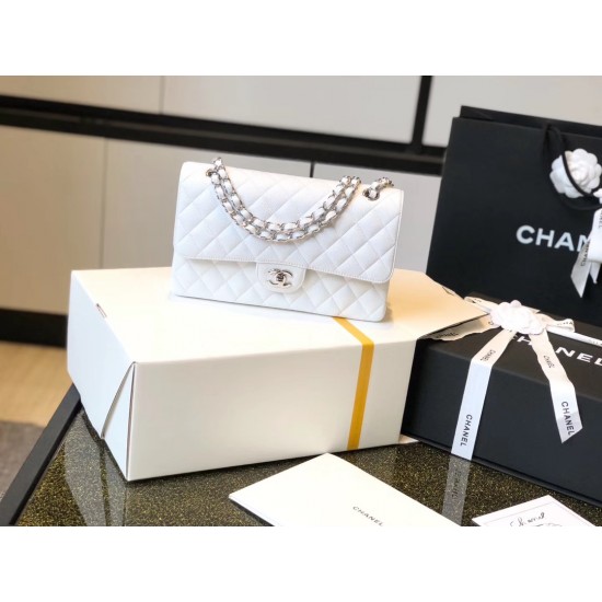 Chanel Classic Medium Flapbag Silver Hardware White 10in/25.5cm