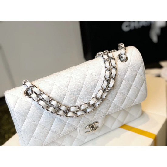 Chanel Classic Medium Flapbag Silver Hardware White 10in/25.5cm