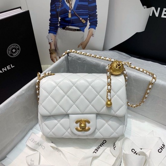 Chanel Mini Flap Bag With CC Ball On Strap White For Women, Women’s Handbags, Shoulder And Crossbody Bags 6.7in/17cm AS1786