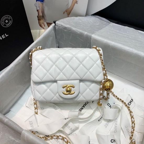 Chanel Mini Flap Bag With CC Ball On Strap White For Women, Women’s Handbags, Shoulder And Crossbody Bags 6.7in/17cm AS1786