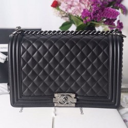 Chanel LeBoy Bag 28cm Lambskin Leather Antique Silver Hardware Spring/Summer Collection, Black