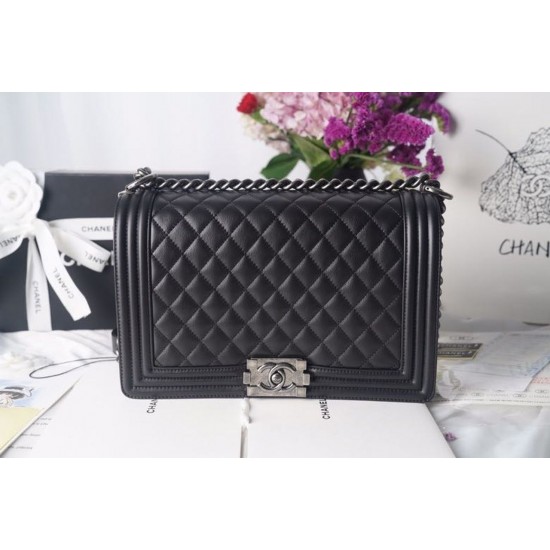 Chanel LeBoy Bag 28cm Lambskin Leather Antique Silver Hardware Spring/Summer Collection, Black