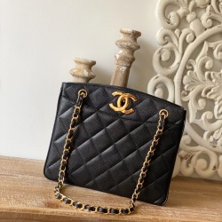 Chanel Vintage Black Medium Quilted Caviar Tote Bag For Women 28cm/11in