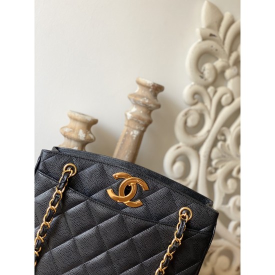 Chanel Vintage Black Medium Quilted Caviar Tote Bag For Women 28cm/11in