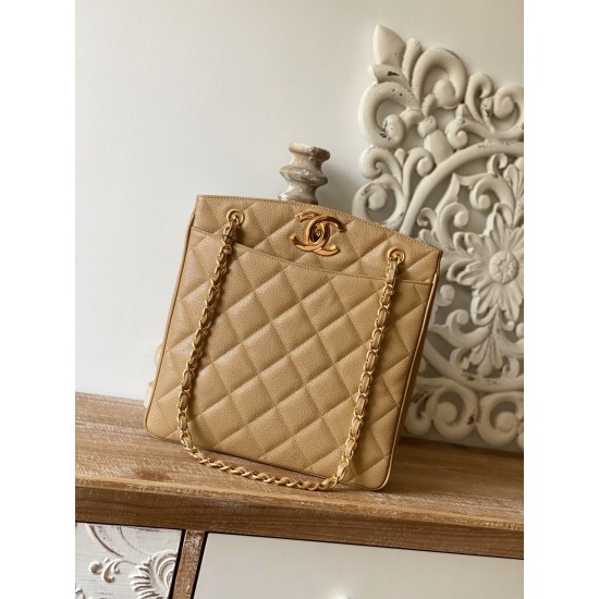 Chanel Vintage Beige Large Quilted Caviar Tote Bag For Women 28cm/11in