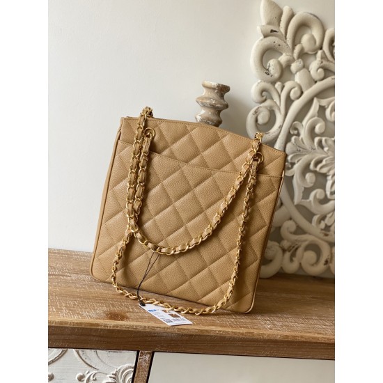 Chanel Vintage Beige Large Quilted Caviar Tote Bag For Women 28cm/11in